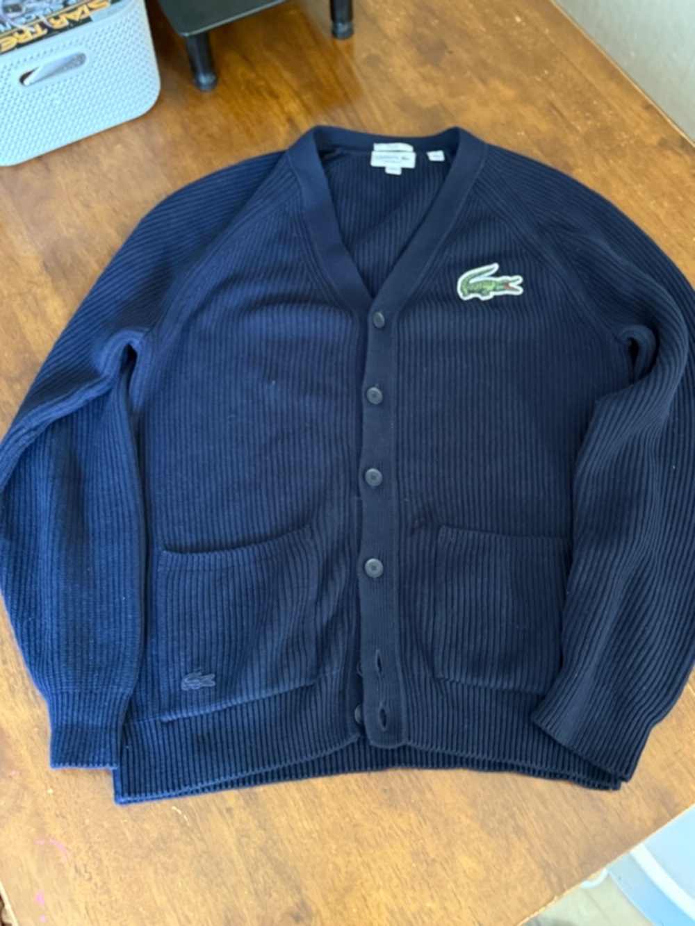 Lacoste Navy Ribbed Cotton Button-Front Cardigan with Crocodile Patch